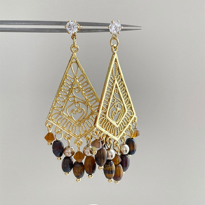 Tiger Eye Stone Drop Earrings with Zirconia