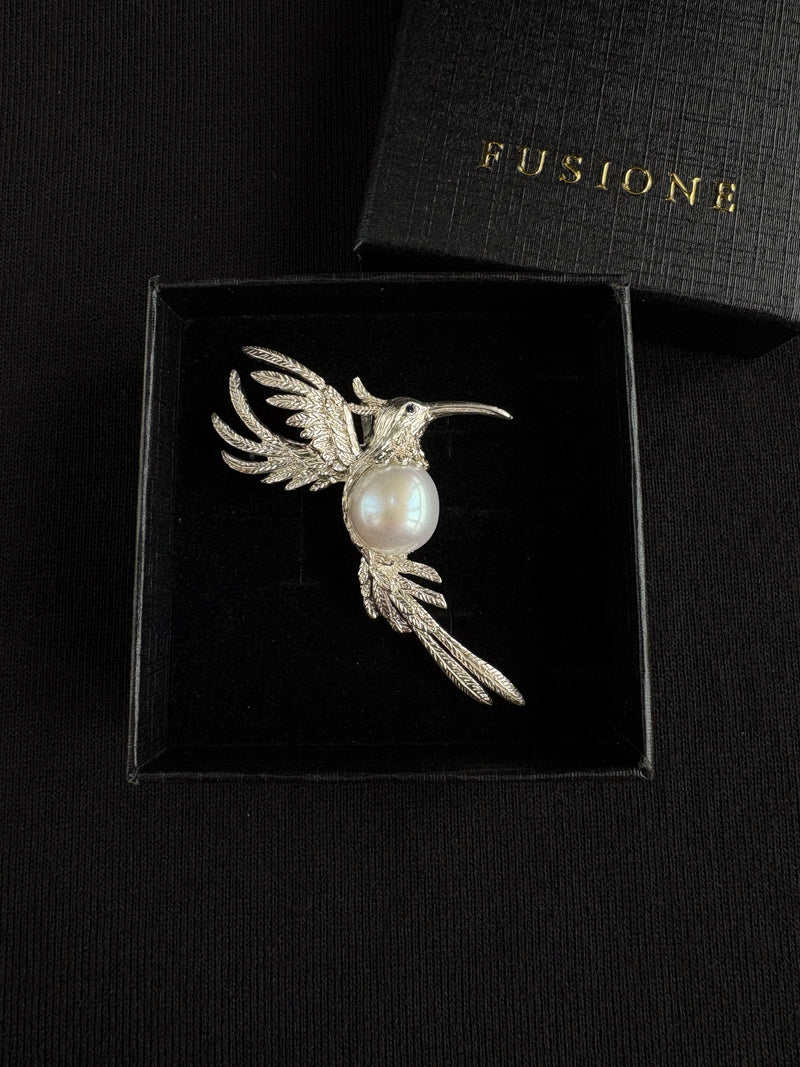 White Freshwater Pearl Sri Lankan Sapphire hummingbird Brooch, Pendant