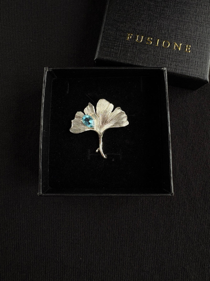 Natural London Blue Topaz Ginkgo Brooch Pendant
