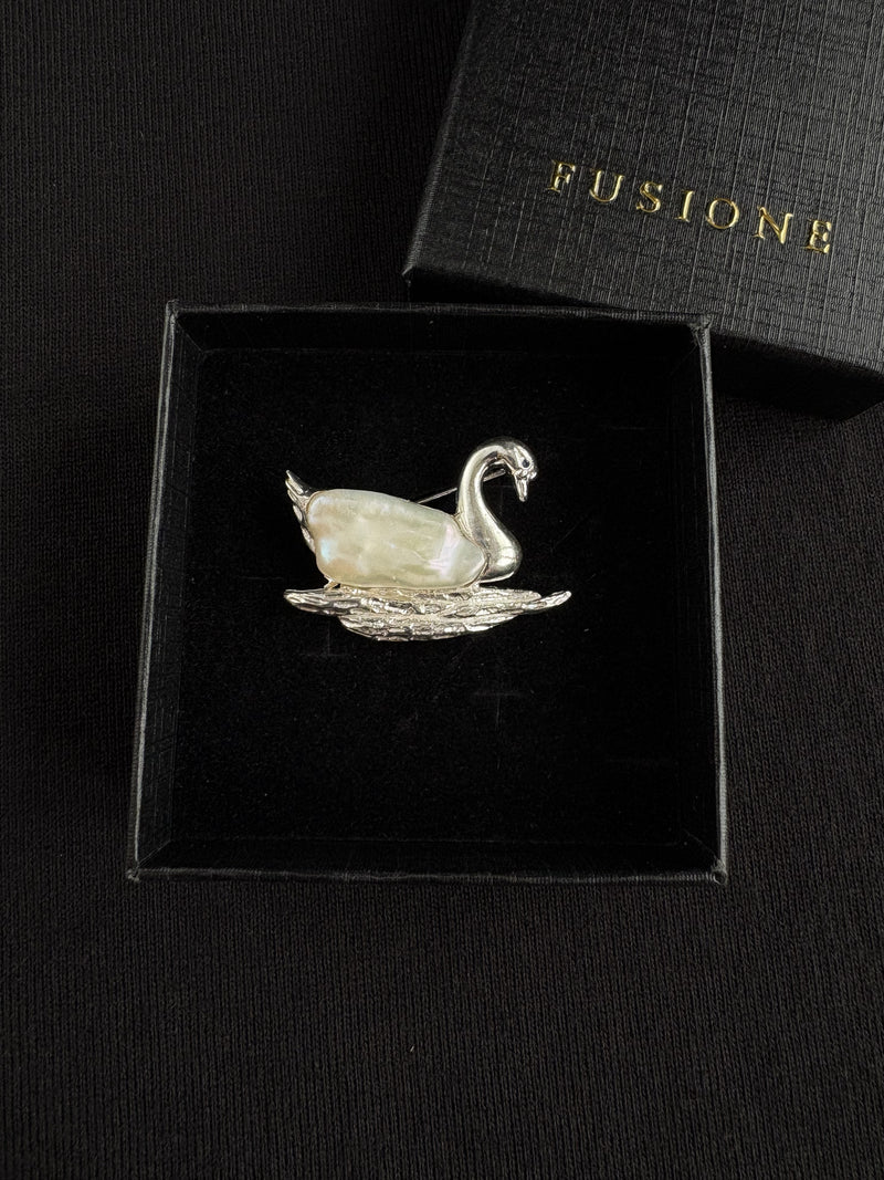 White Baroque Pearl Sri Lankan Sapphire Swan Brooch, Pendant