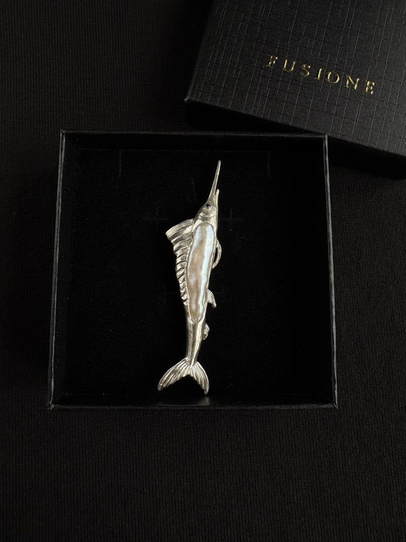 White Baroque Pearl Sri Lankan Sapphire Sailfish Brooch, Pendant
