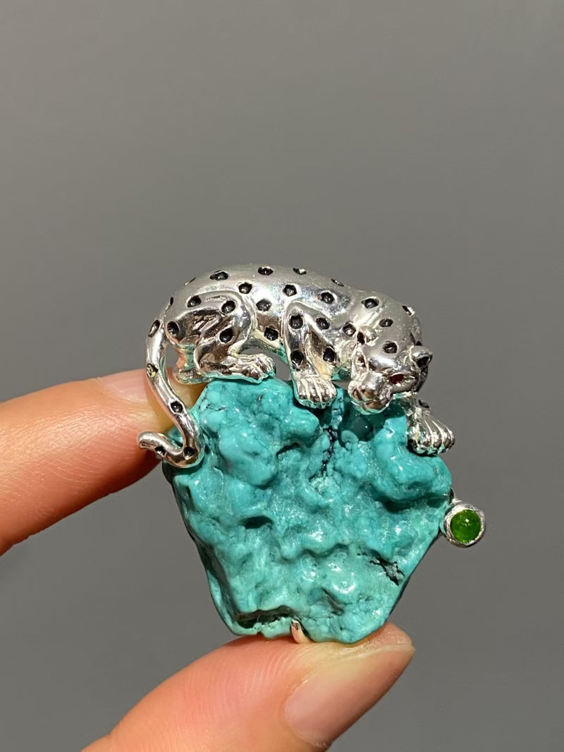 Natural Turquoise Mozambique Ruby Leopard Brooch, Pendant.a one-of-a-kind piece in the world