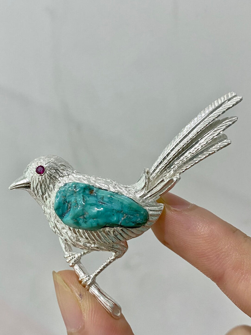 Natural Turquoise Mozambique Ruby Magpie Brooch, Pendant(one of a kind piece in the world)