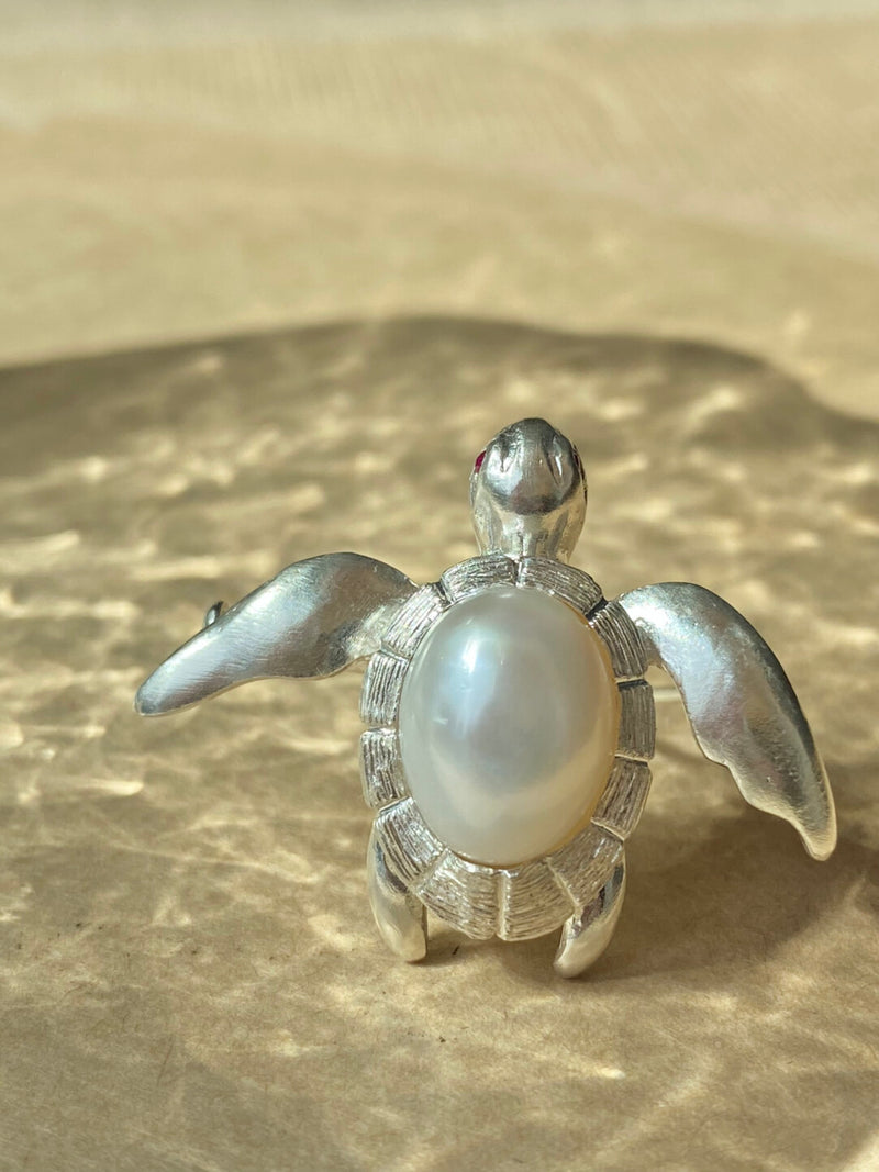 White Freshwater Baroque Pearl Mozambique Ruby Turtle Brooch, Pendant(one of a kind piece in the world)