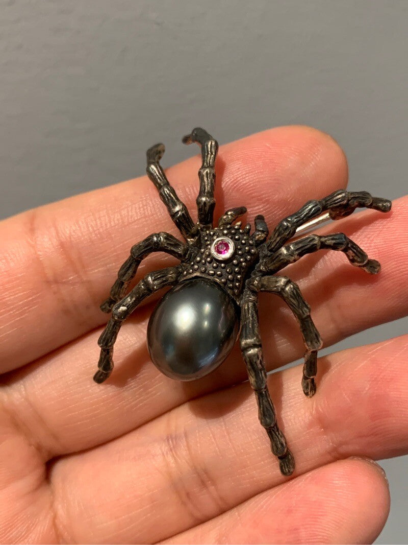 Black Seawater Pearl Spider Brooch, Pendant(one of a kind piece in the world)