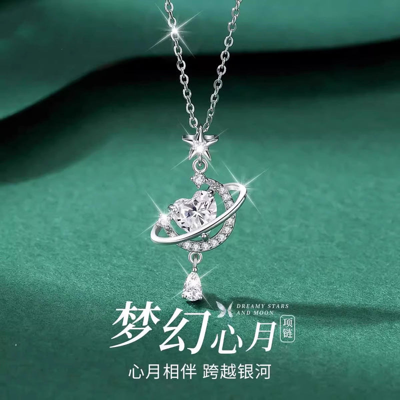 S999 Pure Silver Heart-Moon CZ Pendant with Star Silhouette
