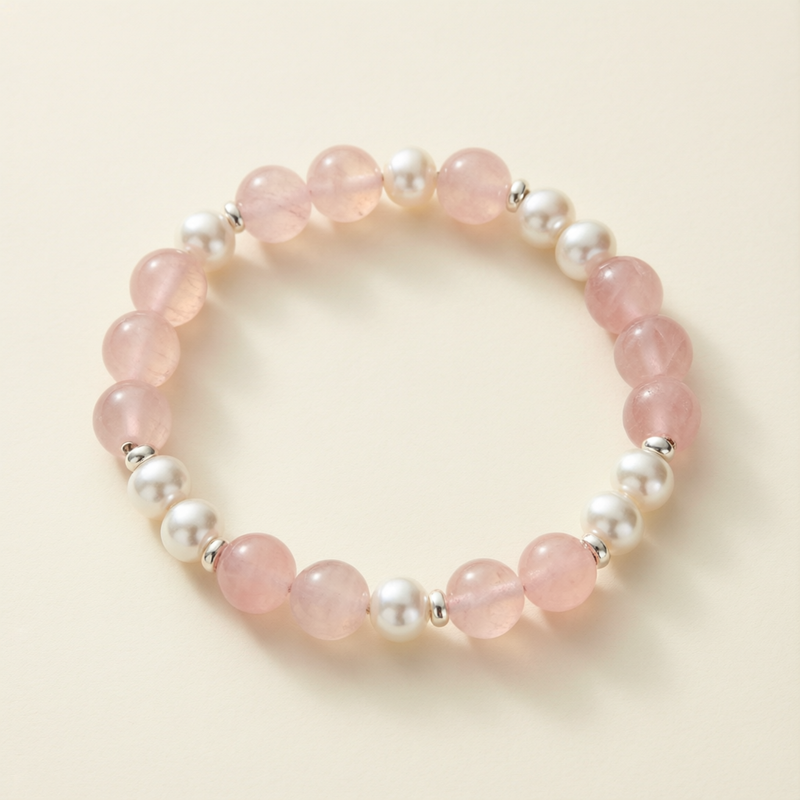Rose Quartz and Pearl Sterling Silver Bracelet