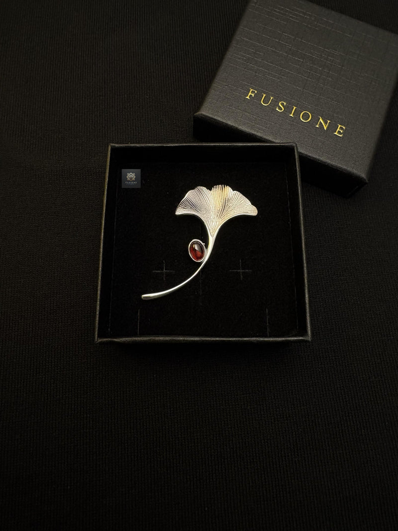 Garnet ginkgo brooch pendant