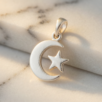 S925 Silver Matte Crescent Moon and Star Dual Pendant Necklace - Detail