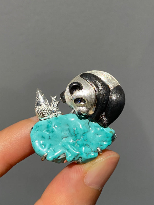 Natural Turquoise Sri Lankan Sapphire Panda Brooch, Pendant.a one-of-a-kind piece in the world
