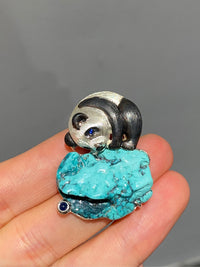 Natural Turquoise Sri Lankan Sapphire Panda Brooch, Pendant.a one-of-a-kind piece in the world