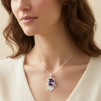 Hamsa Hand Amethyst Necklace - lifestyle model wearing