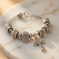 S925 Silver Multi-Charm Guardian Bracelet with Hamsa Cross - Detail