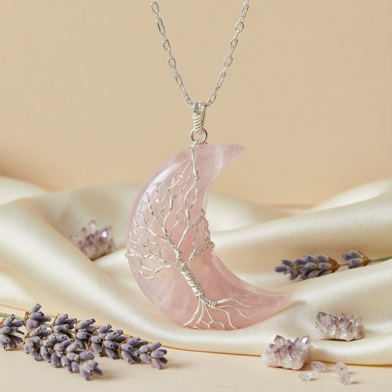Rose Quartz Moon Tree of Life Pendant