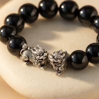 Dual Pixiu Black Obsidian Bracelet - detail of pixiu charms and obsidian beads