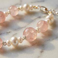 Rose Quartz and Pearl Sterling Silver Bracelet - Detail Close-up