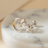 Moon and Stars Sterling Silver Stud Earrings - Detail Close-up