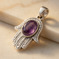 Hamsa Hand Amethyst Necklace - close-up of amethyst stone detail