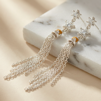 S925 Silver Geometric Star-Moon CZ Tassel Drop Earrings - Detail