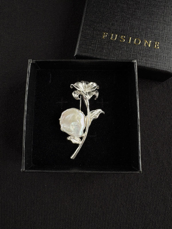 White Baroque Pearl Lily Flower Brooch, Pendant