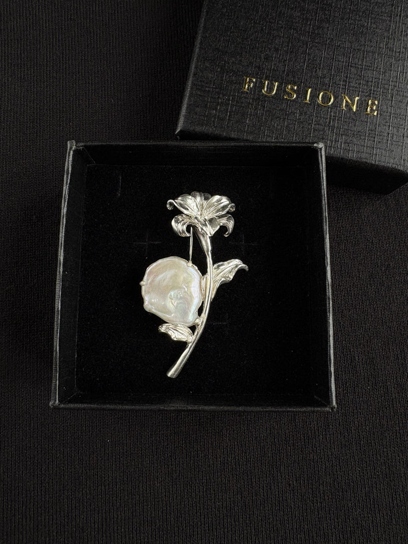 White Baroque Pearl Lily Flower Brooch, Pendant