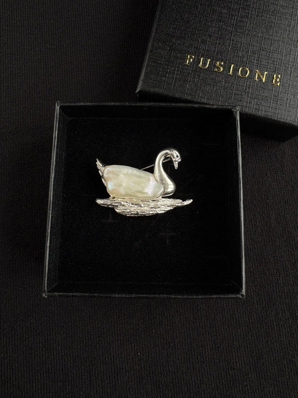 White Baroque Pearl Sri Lankan Sapphire Swan Brooch, Pendant