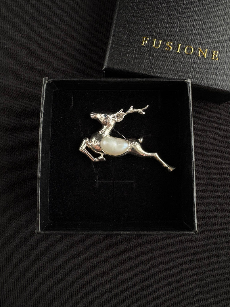 White Baroque Pearl Sri Lankan Sapphire Reindeer Deer Brooch, Pendant
