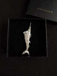 White Baroque Pearl Sri Lankan Sapphire Sailfish Brooch, Pendant