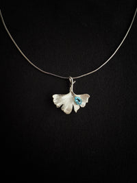 Natural London Blue Topaz Ginkgo Brooch Pendant