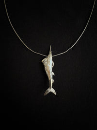 White Baroque Pearl Sri Lankan Sapphire Sailfish Brooch, Pendant