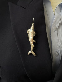 White Baroque Pearl Sri Lankan Sapphire Sailfish Brooch, Pendant