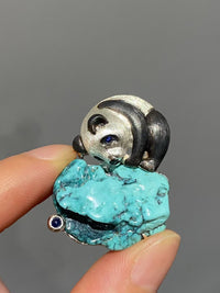 Natural Turquoise Sri Lankan Sapphire Panda Brooch, Pendant.a one-of-a-kind piece in the world