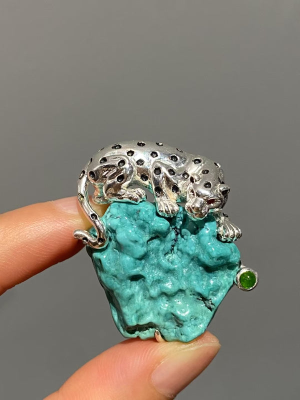 Natural Turquoise Mozambique Ruby Leopard Brooch, Pendant.a one-of-a-kind piece in the world