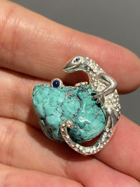 Natural Turquoise Sri Lankan Sapphire Lizard Brooch, Pendant.a one-of-a-kind piece in the world