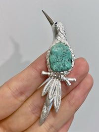 Natural Turquoise Sri Lankan Sapphire Bird Brooch, Pendant