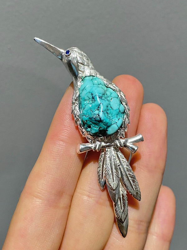 Natural Turquoise Sri Lankan Sapphire Bird Brooch, Pendant