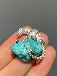 Natural Turquoise Sri Lankan Sapphire Chameleon Brooch, Pendant.one-of-a-kind piece in the world