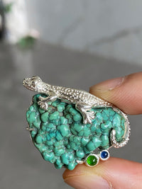 Natural Turquoise Sri Lankan Sapphire Lizard Brooch, Pendant.a one-of-a-kind piece in the world