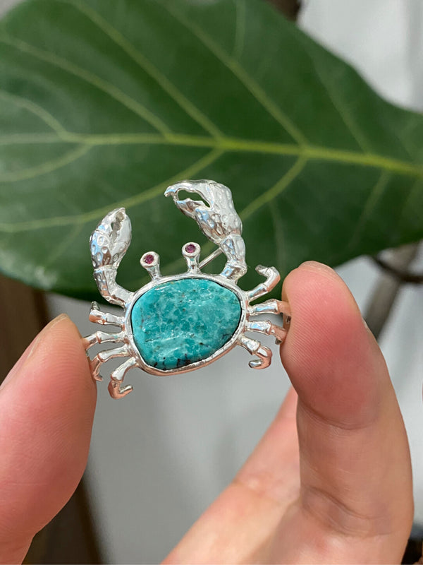 Natural Turquoise Mozambique Ruby/Sri Lankan Sapphire Crab Brooch, Pendant（one of a kind piece in the world）
