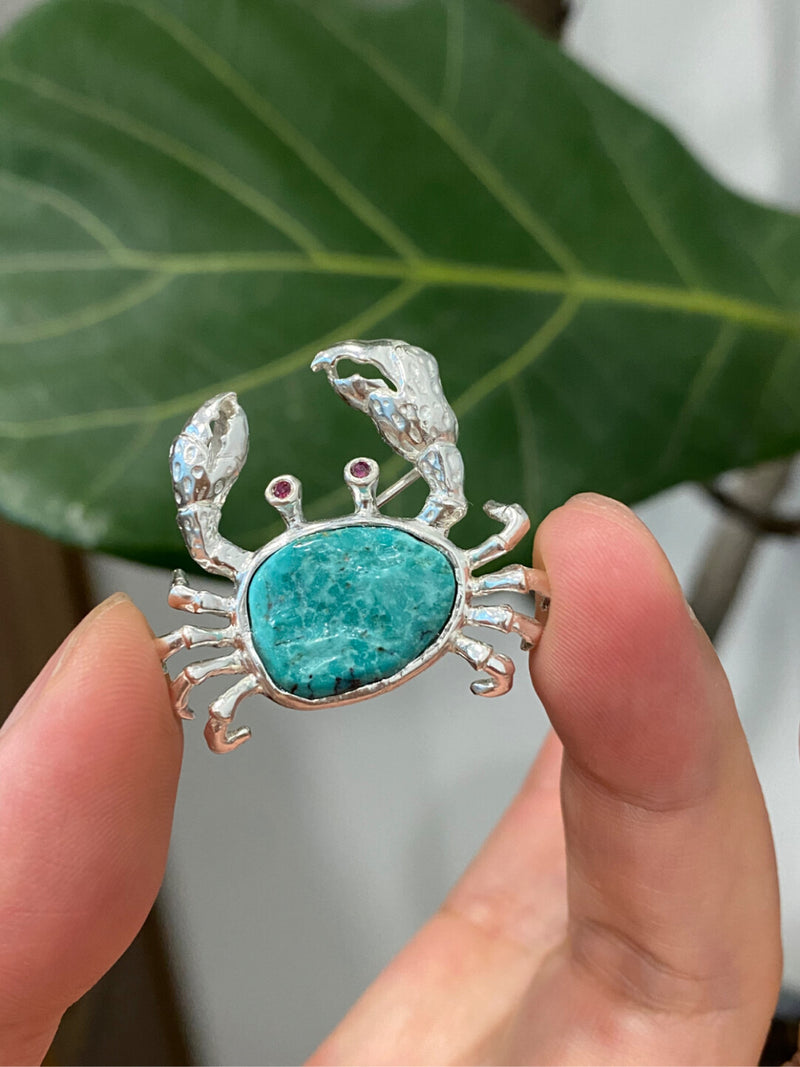 Natural Turquoise Mozambique Ruby/Sri Lankan Sapphire Crab Brooch, Pendant（one of a kind piece in the world）