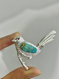Natural Turquoise Mozambique Ruby Magpie Brooch, Pendant（one of a kind piece in the world）