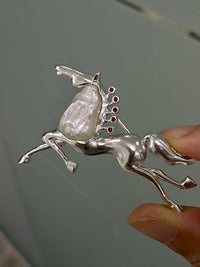 White Freshwater Baroque Pearl Mozambique Ruby Horse Brooch, Pendant（one of a kind piece in the world）