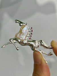 White Freshwater Baroque Pearl Mozambique Ruby Horse Brooch, Pendant（one of a kind piece in the world）