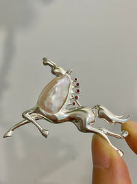 White Freshwater Baroque Pearl Mozambique Ruby Horse Brooch, Pendant（one of a kind piece in the world）