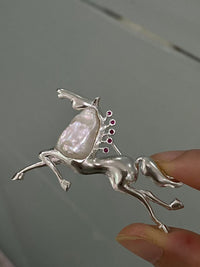 White Freshwater Baroque Pearl Mozambique Ruby Horse Brooch, Pendant（one of a kind piece in the world）