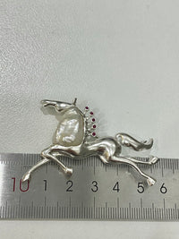 White Freshwater Baroque Pearl Mozambique Ruby Horse Brooch, Pendant（one of a kind piece in the world）