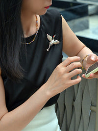 White Freshwater Baroque Pearl Sri Lanka Sapphire Crane Brooch, Pendant（one of a kind piece in the world）