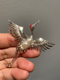 White Freshwater Baroque Pearl Sri Lanka Sapphire Crane Brooch, Pendant（one of a kind piece in the world）