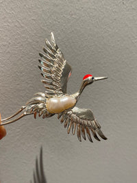 White Freshwater Baroque Pearl Sri Lanka Sapphire Crane Brooch, Pendant（one of a kind piece in the world）