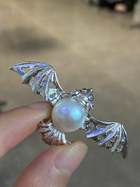 White Freshwater Baroque Pearl Mozambique Ruby Bat Brooch, Pendant（one of a kind piece in the world）